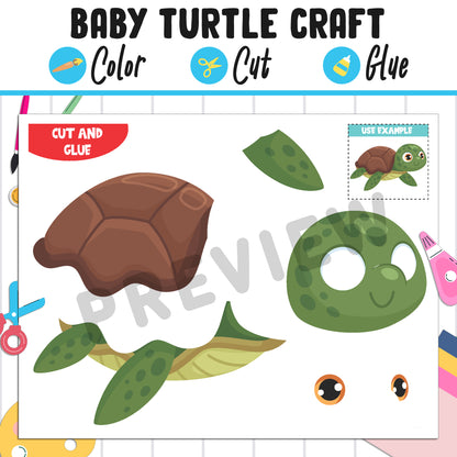 Baby Turtle Craft : Color, Cut, and Glue, a Fun Activity for Pre K to 2nd Grade, PDF Instant Download