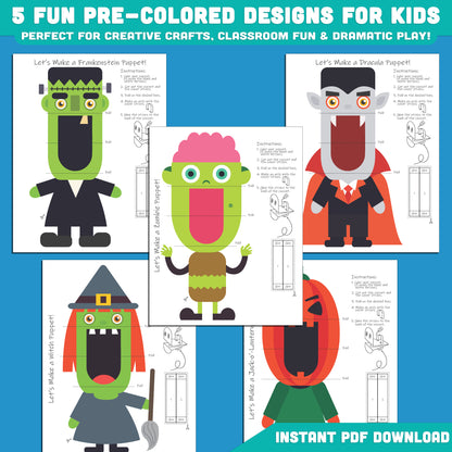 Printable Halloween Puppets: 10 Pages with 5 Pre-Colored + 5 Black and White Designs, Perfect for Spooky Classroom Fun & Halloween Party Crafts!