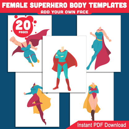 Printable Female Superhero Body Cutouts with Add Your Own Face Feature, Great for Classroom or Home Craft Projects – PDF Download