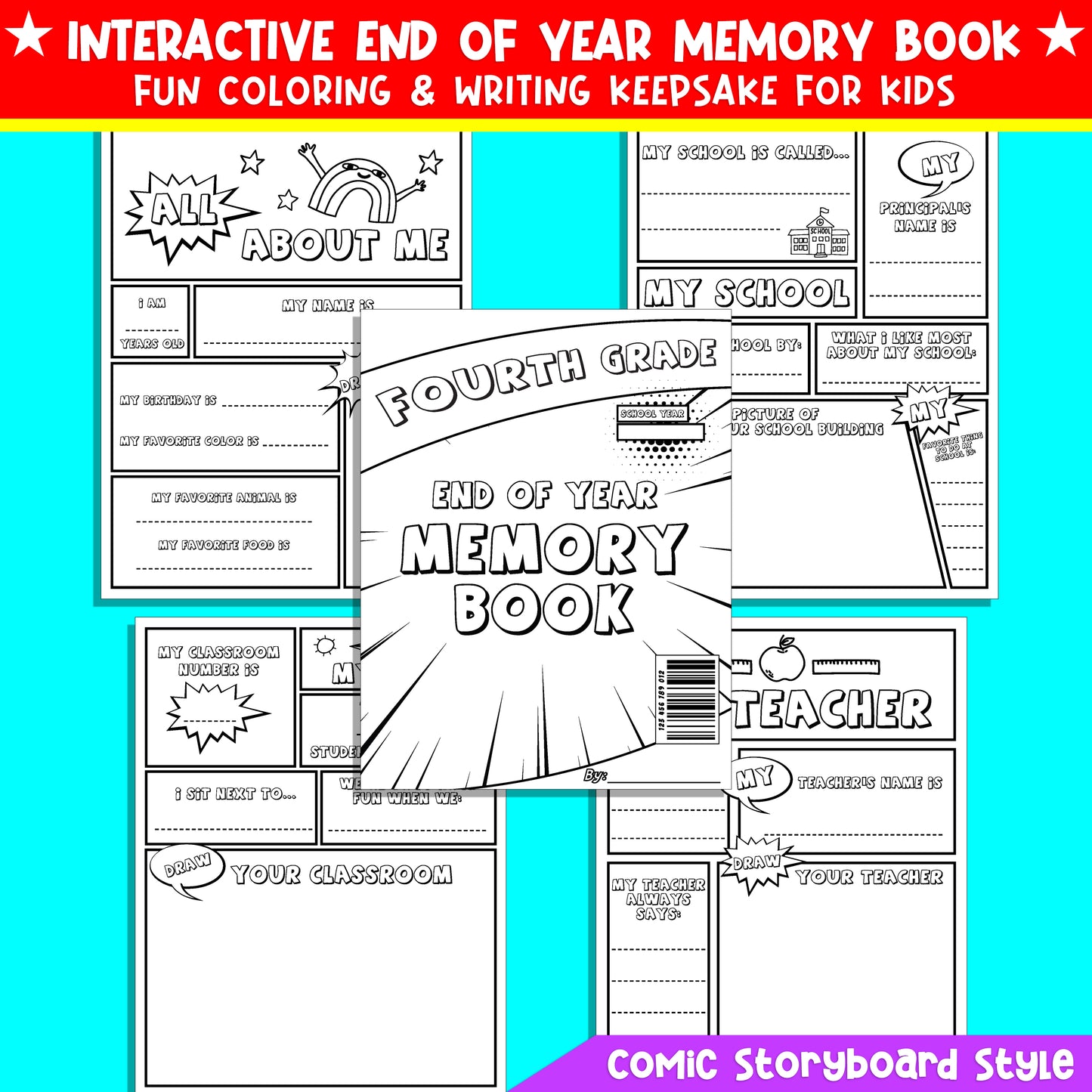 Fourth Grade End of Year Memory Book (4th grade) – Fun Comic-Style Coloring & Writing Keepsake for Kids, 24 Printable Pages