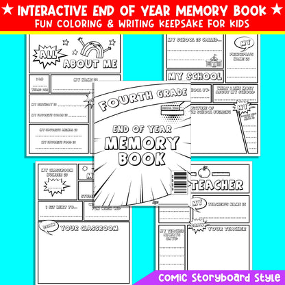 Fourth Grade End of Year Memory Book (4th grade) – Fun Comic-Style Coloring & Writing Keepsake for Kids, 24 Printable Pages