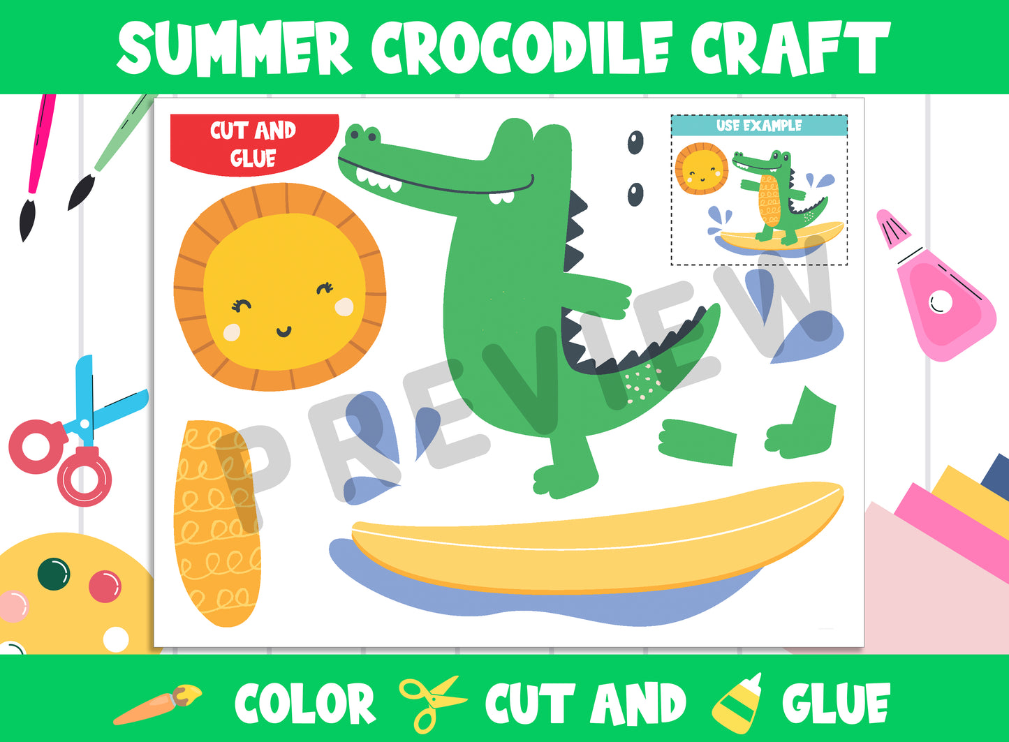 Summer Crocodile Craft Activity for Kids : Color, Cut, and Glue for PreK to 2nd Grade, PDF File, Instant Download