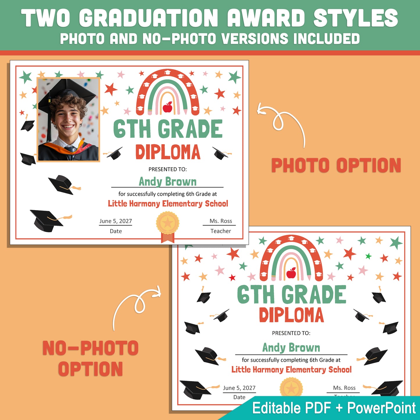 Editable 6th Grade Graduation Diploma & Certificate Set, Retro Rainbow Stars Theme, Printable Awards, Photo or No-Photo, PDF, PowerPoint