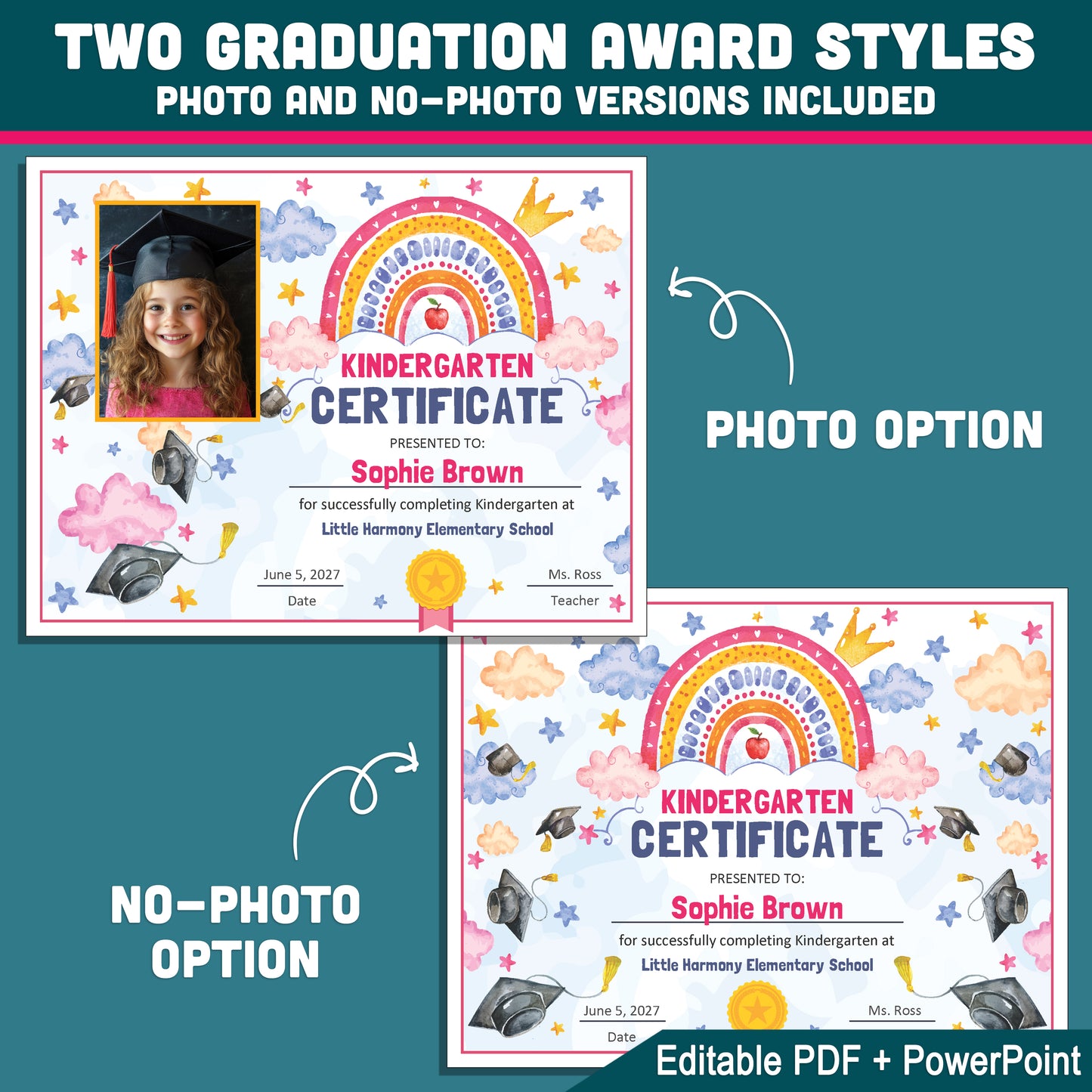 Kindergarten Completion Certificate, Editable Watercolor Awards for Moving Up Ceremony, Photo and No Photo Styles, PDF and PowerPoint Templates