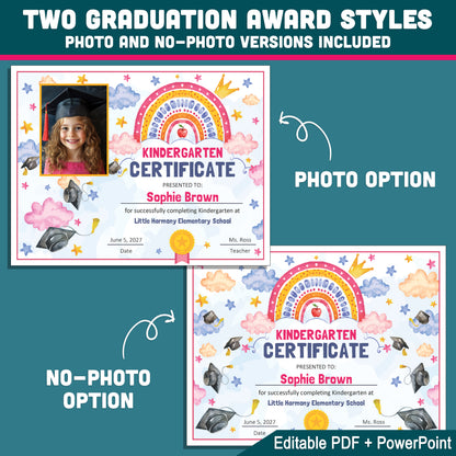 Kindergarten Completion Certificate, Editable Watercolor Awards for Moving Up Ceremony, Photo and No Photo Styles, PDF and PowerPoint Templates