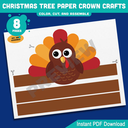 Printable Thanksgiving Turkey Paper Crown Crafts, Fall Coloring Hat & Headband Project for Kids, Autumn Party Hat, 4 Designs, Pre-color + Black & White, PDF Download