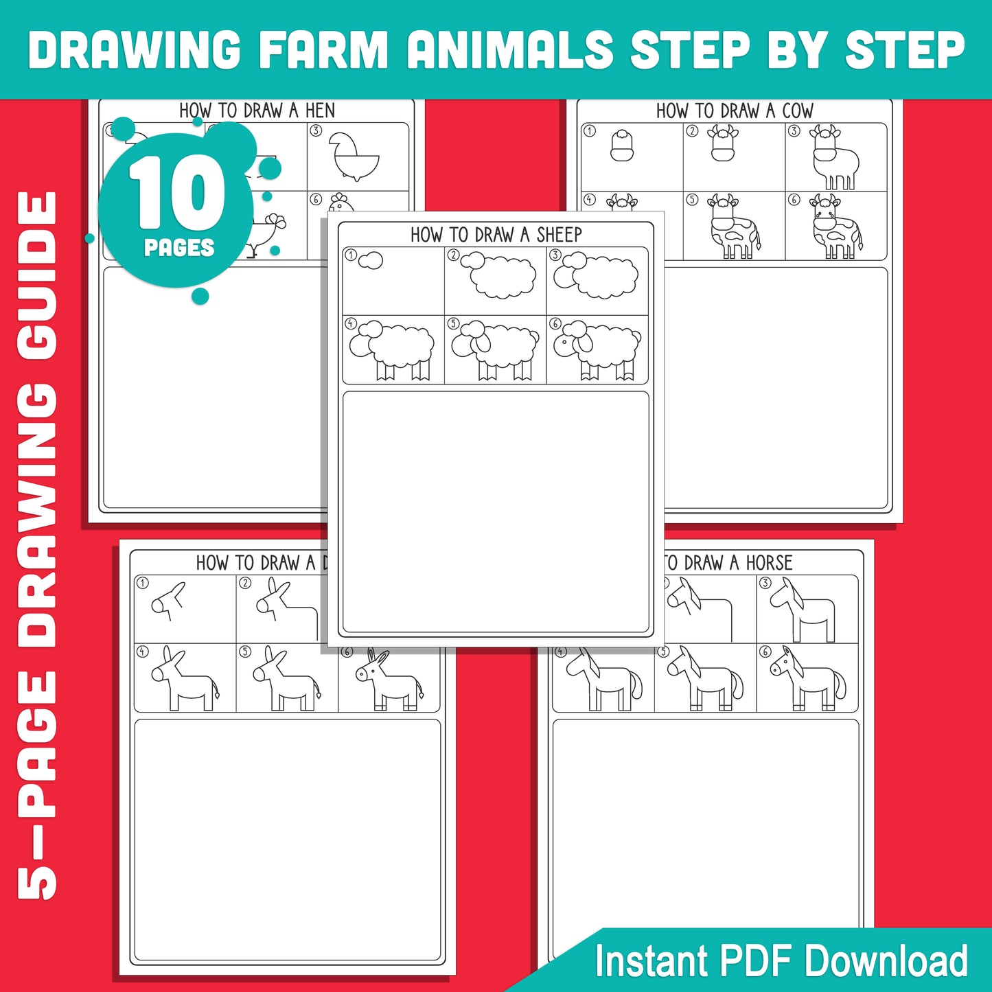 Easy Farm Animal Drawing Tutorials: Learn to Draw Donkey, Sheep, Horse, Cow, Hen with 5 Guided Steps & Coloring Pages - Instant Download