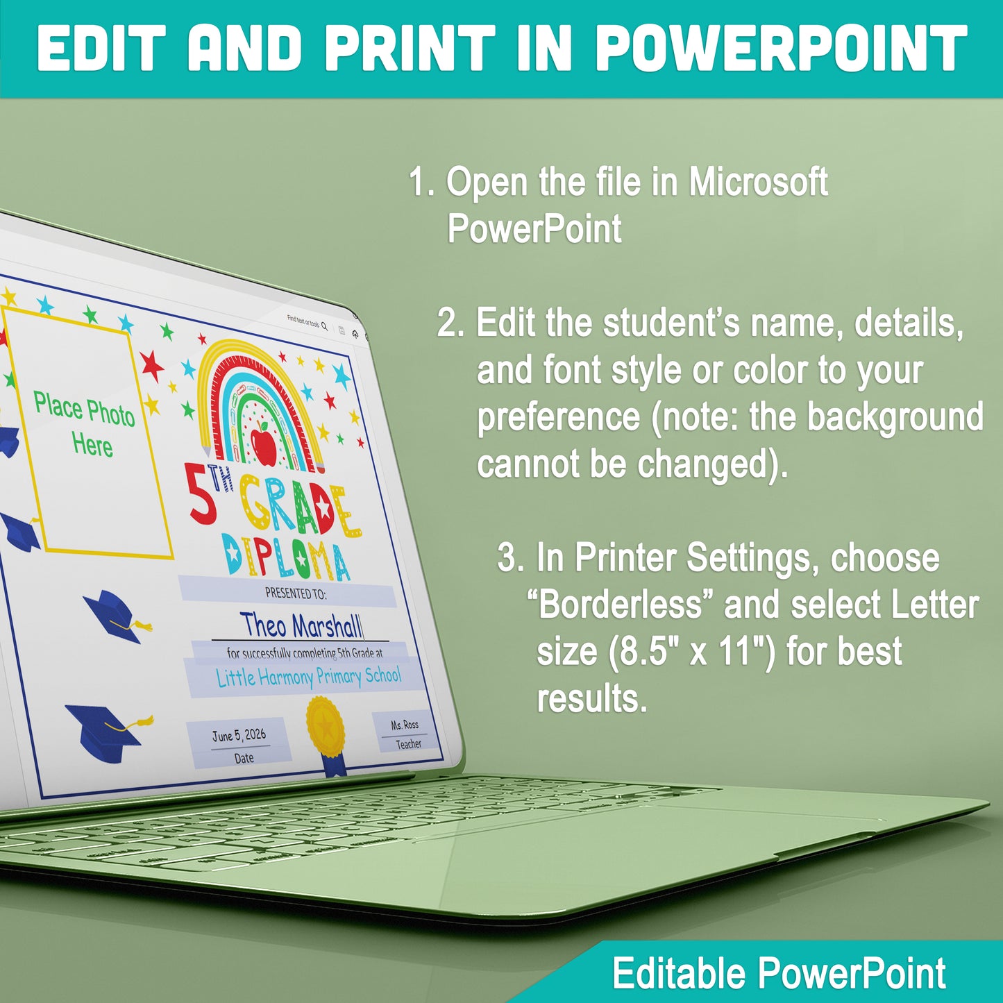 5th Grade Diploma Template with Photo: Letter Size PDF & PowerPoint for Graduation Ceremonies, Special Achievements, and Recognition Awards