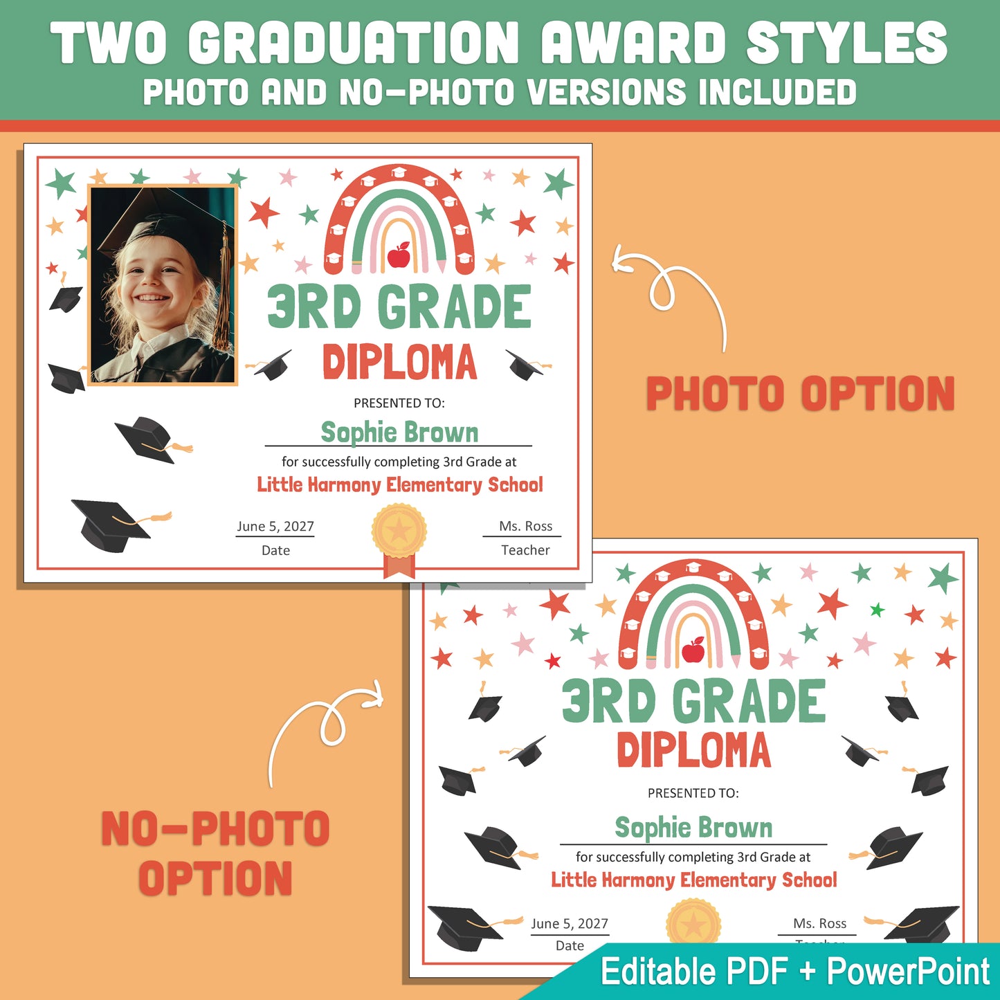 Editable 3rd Grade Graduation Diploma & Certificate Set, Retro Rainbow Stars Theme, 8.5x11 Awards, Photo and No-Photo Options, PDF, PowerPoint