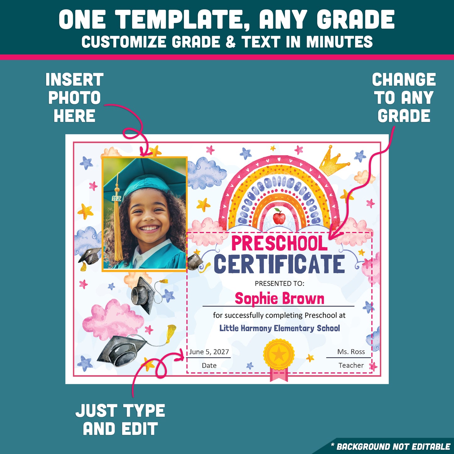 Editable Moving Up Certificate, Any Grade Promotion Award, Pre-K Preschool to 1st–8th & Beyond, PDF PowerPoint Templates, Photo Option