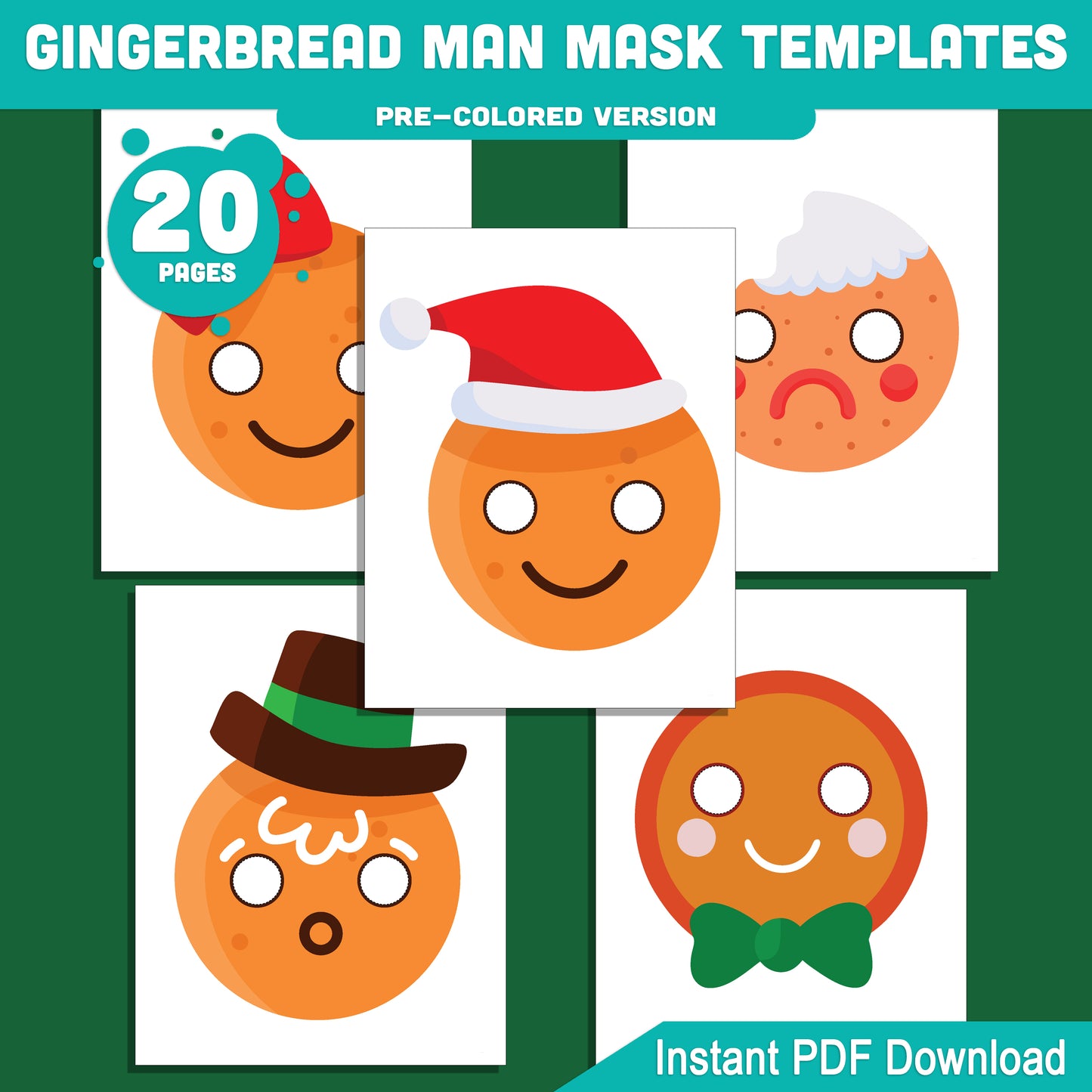 Printable Gingerbread Man Mask Templates: Holiday Craft for Kids, 10 Designs, Pre-Colored + Black and White, Perfect for School Plays, Parties, or Home Fun, PDF