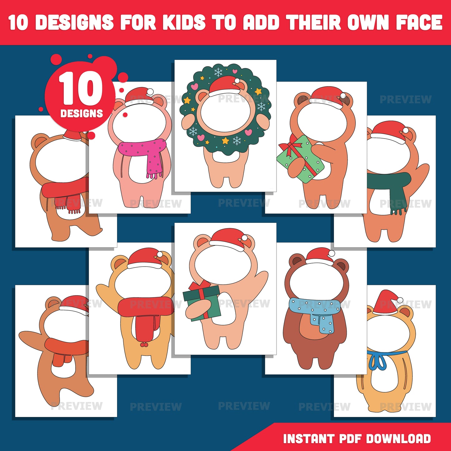 Christmas Bear Body Templates, Add Your Own Face Christmas Bear Crafts, Winter Body Templates with Coloring Version Included, High-Resolution PDF + PNG