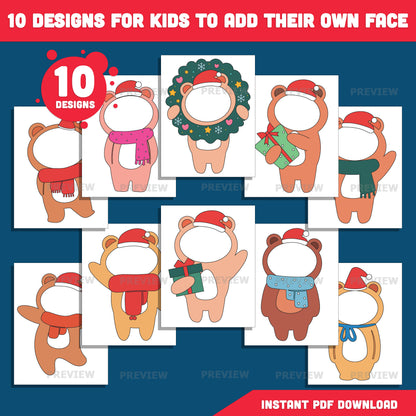 Christmas Bear Body Templates, Add Your Own Face Christmas Bear Crafts, Winter Body Templates with Coloring Version Included, High-Resolution PDF + PNG