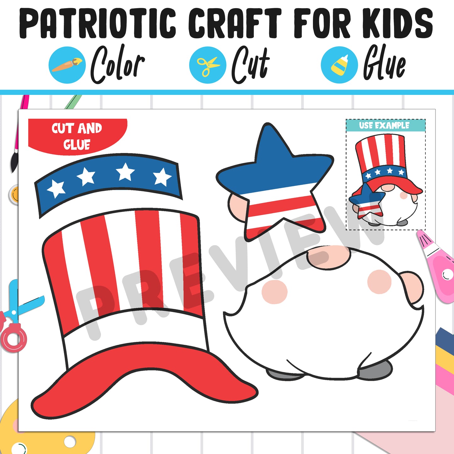 Patriotic Craft for Kids : Color, Cut, and Glue, a Fun 4th of July Activity for Pre K to 2nd Grade, PDF Instant Download