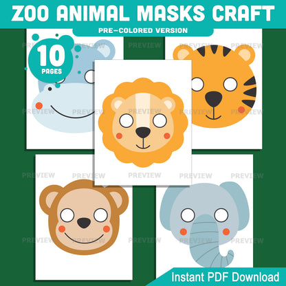 Animal Mask Templates Printable, Zoo Theme Activity, Kids Creative Play Resource, Preschool Classroom Art Center, 10 Designs, Pre Colored Black White, 8.5x11, Instant PDF