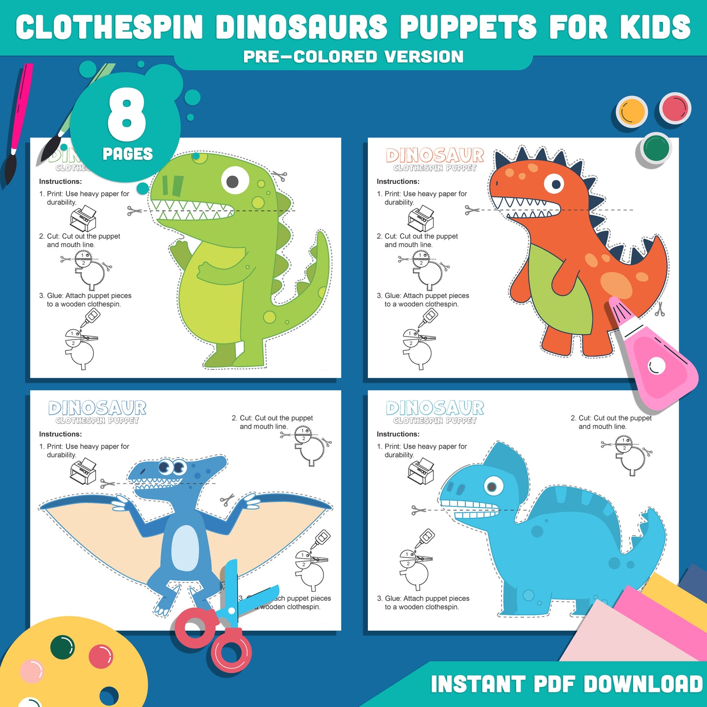 Kids’ Dinosaur Clothespin Puppet Craft, 8 Pages with 4 Exciting Designs, Pre-Colored & Black and White, Great for Dramatic Play, PDF Instant Download