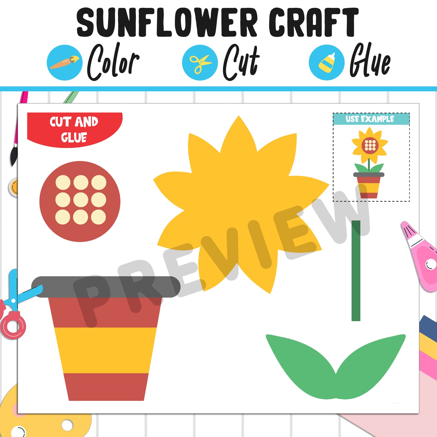 Sunflower Craft : Color, Cut, and Glue, a Fun Activity for Pre K to 2nd Grade, PDF Instant Download