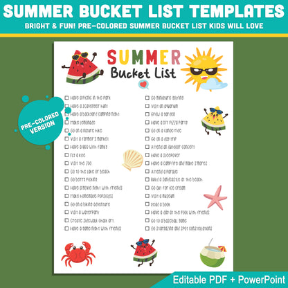 Student Summer Bucket List Template: Fun End-of-Year Classroom Activity, Editable PDF & PowerPoint, Black & White & Color Pages