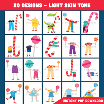 Printable Candy Cane Hugger Templates, Add Your Face Craft for Winter and Christmas, 20 Designs Light Skin + 20 Designs Dark Skin, Fun School or Home Activity, PDF+PNG