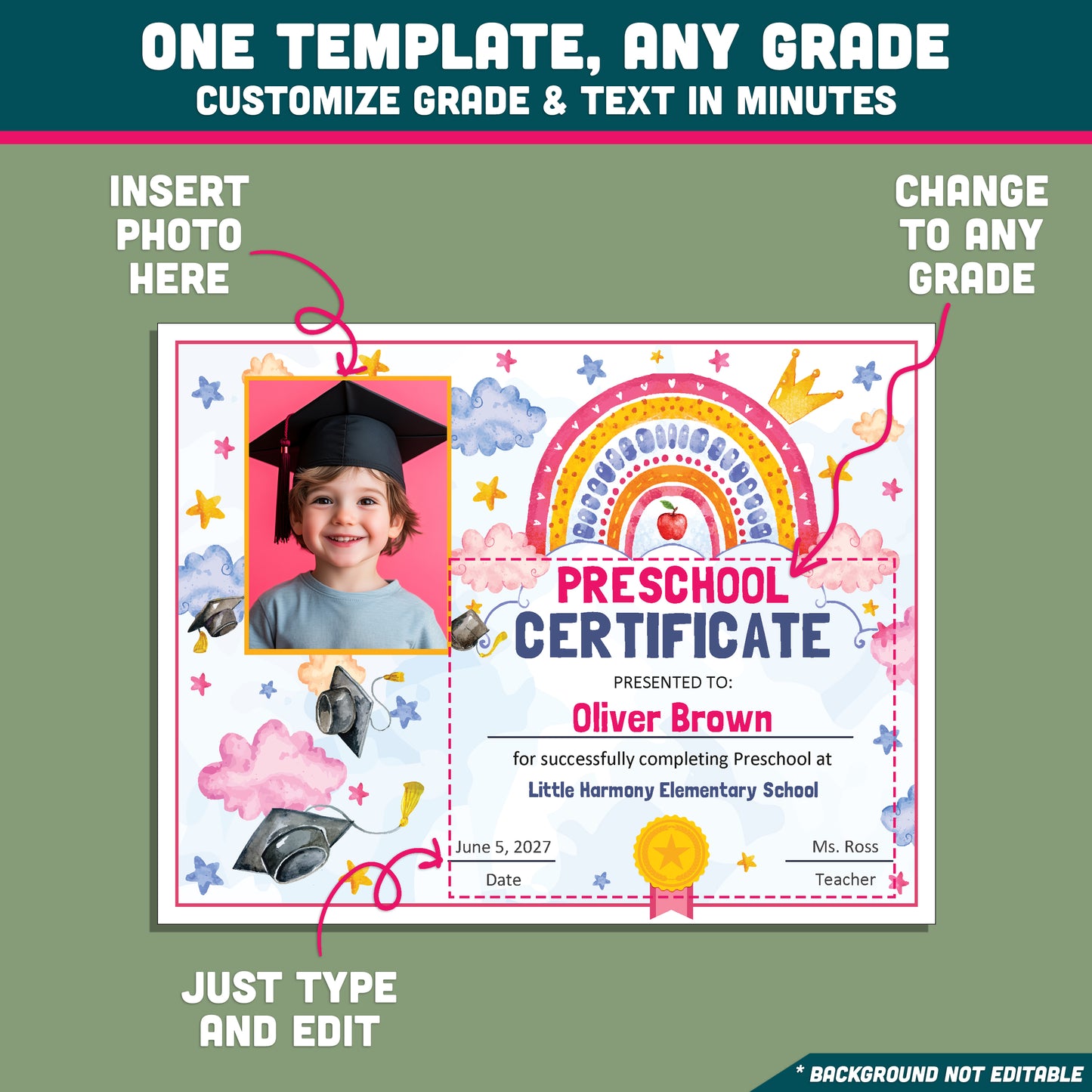 Fillable Certificate Template, Graduation Diploma and Awards, Any Grade