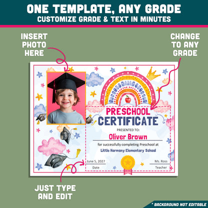 Fillable Certificate Template, Graduation Diploma and Awards, Any Grade