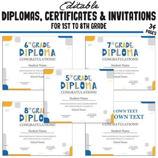 Editable 1st Grade Diploma, 1st-8th Grade Certificates, and Invitation Templates in a Simple & Modern Theme, PDF Instant Download.