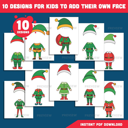 Elf Photo Insert Templates – Winter Body Templates, Coloring Version Included, 10 Designs, High-resolution PDF + PNG Files for Classroom Displays, Home Activities, and Holiday Parties