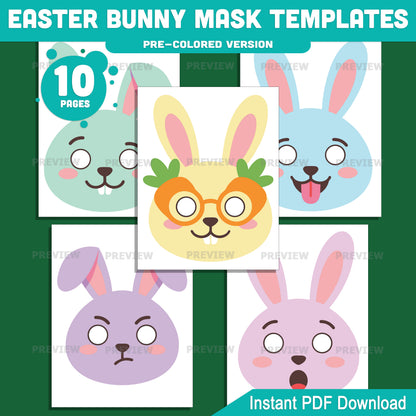 Easter Bunny Mask Templates – Printable Rabbit Mask Craft for Kids, Thick Line Art, Pre-Colored & Black and White, 20 Pages, PDF
