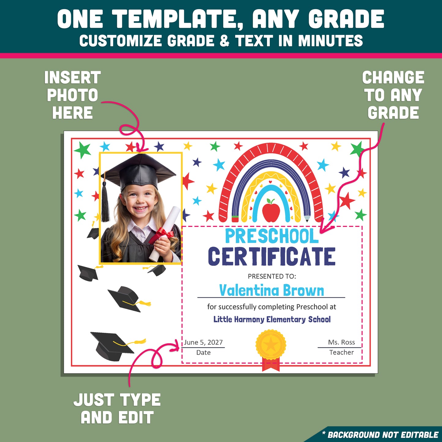 Editable Certificate of Completion, Printable Student Recognition Awards, PDF and PowerPoint, Pre-K to 8th & Beyond