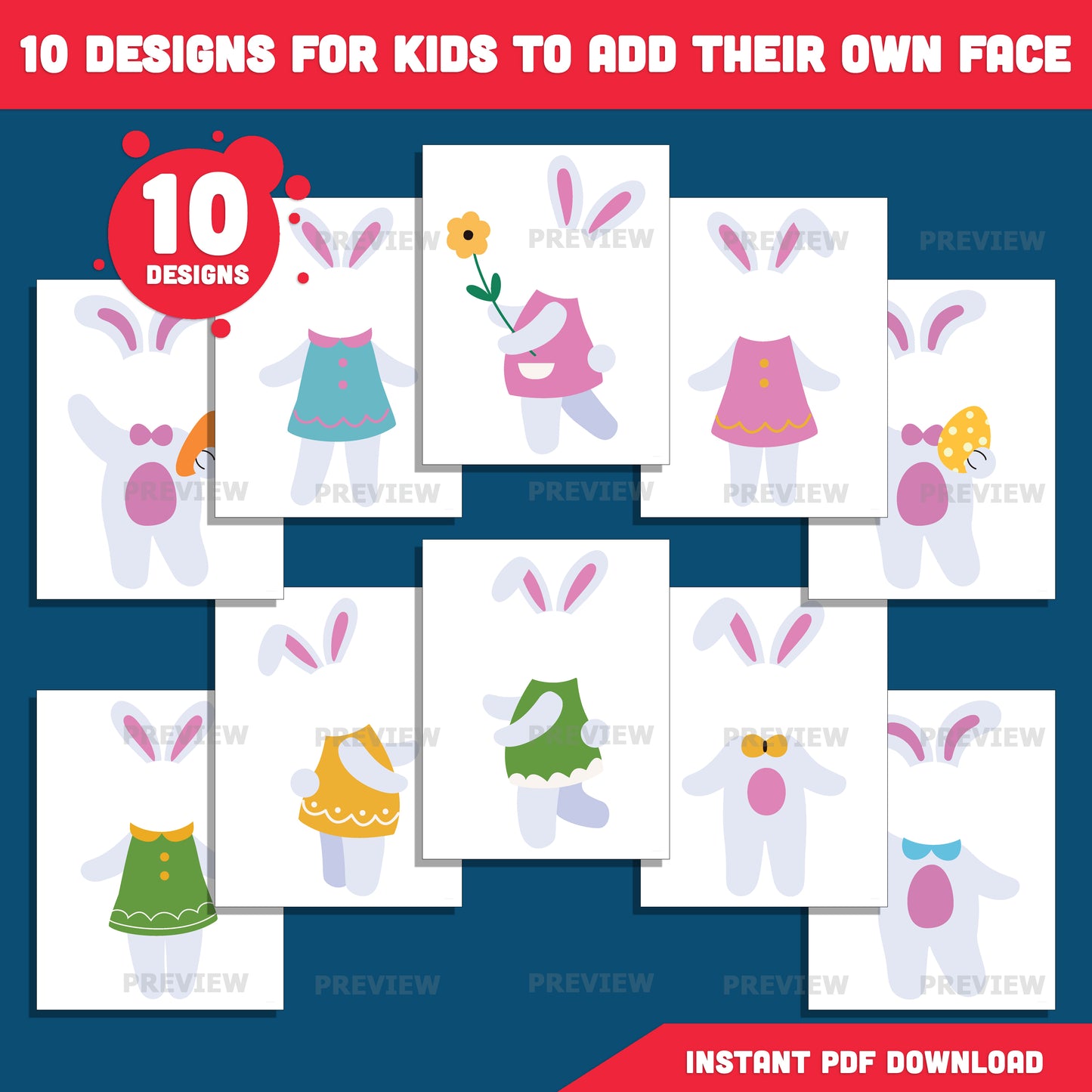 Easter Bunny Photo Craft for Kids, Add Your Own Face Bunny Templates, 10 Printable Designs, Coloring Version Included, PDF + PNG