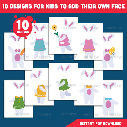 Easter Bunny Photo Craft for Kids, Add Your Own Face Bunny Templates, 10 Printable Designs, Coloring Version Included, PDF + PNG