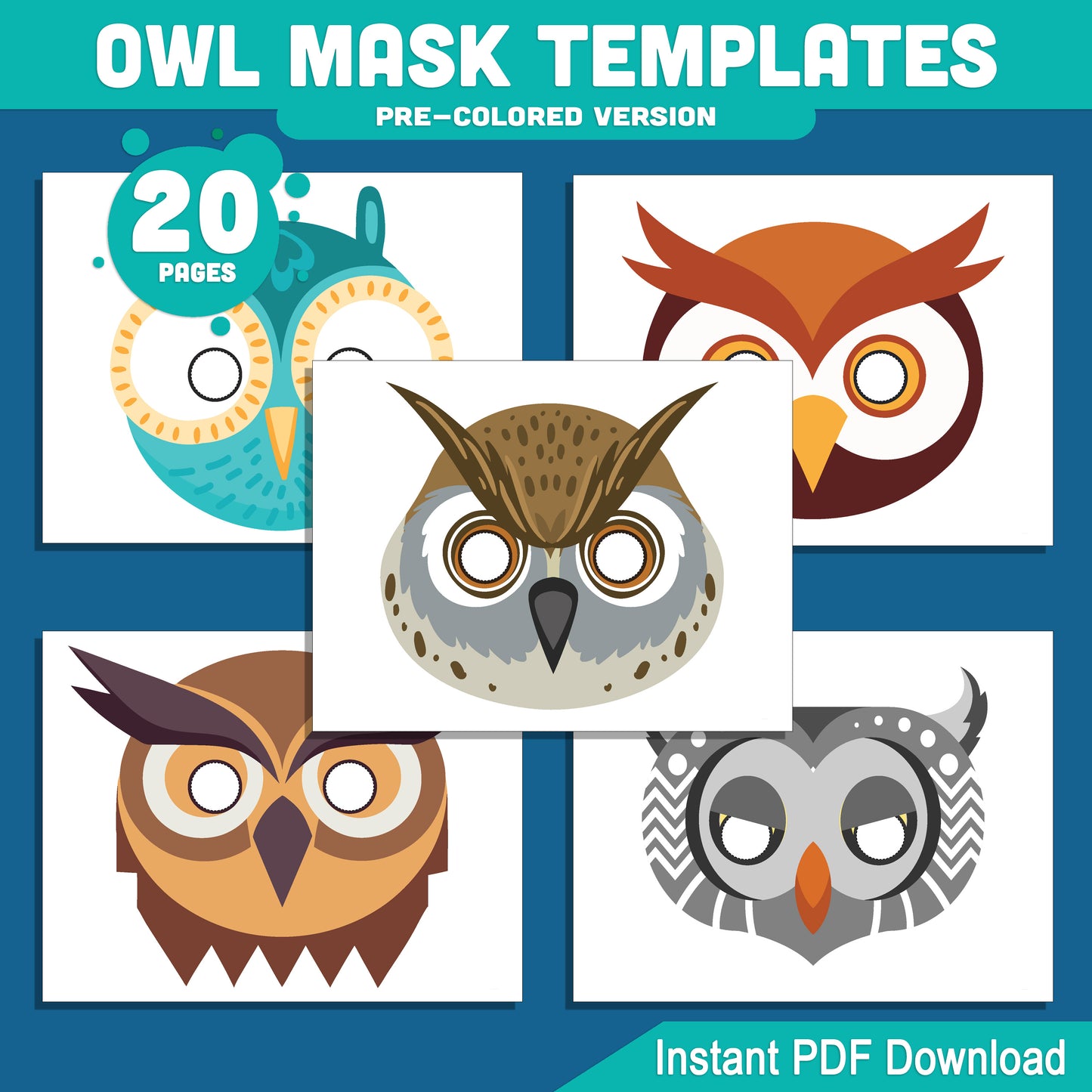 Owl Mask Templates: 20 Printable Pages for Kids’ Craft and Drama, Pre-Colored + Black & White Versions, Fun PDF Activity Download