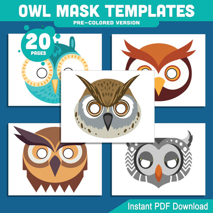 Owl Mask Templates: 20 Printable Pages for Kids’ Craft and Drama, Pre-Colored + Black & White Versions, Fun PDF Activity Download