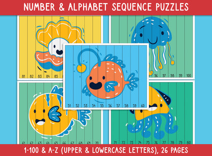 Sea Animal Number and Alphabet Sequence Puzzles (Printable), 1-100 and A-Z (Upper/Lowercase Letters), for Toddler, Preschool, Kindergarten