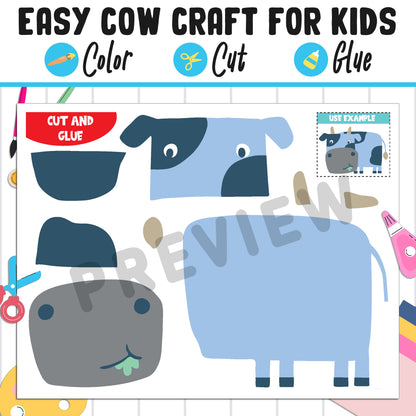 Easy Cow Craft for Kids : Color, Cut, and Glue, a Fun Activity for Pre K to 2nd Grade, PDF Instant Download