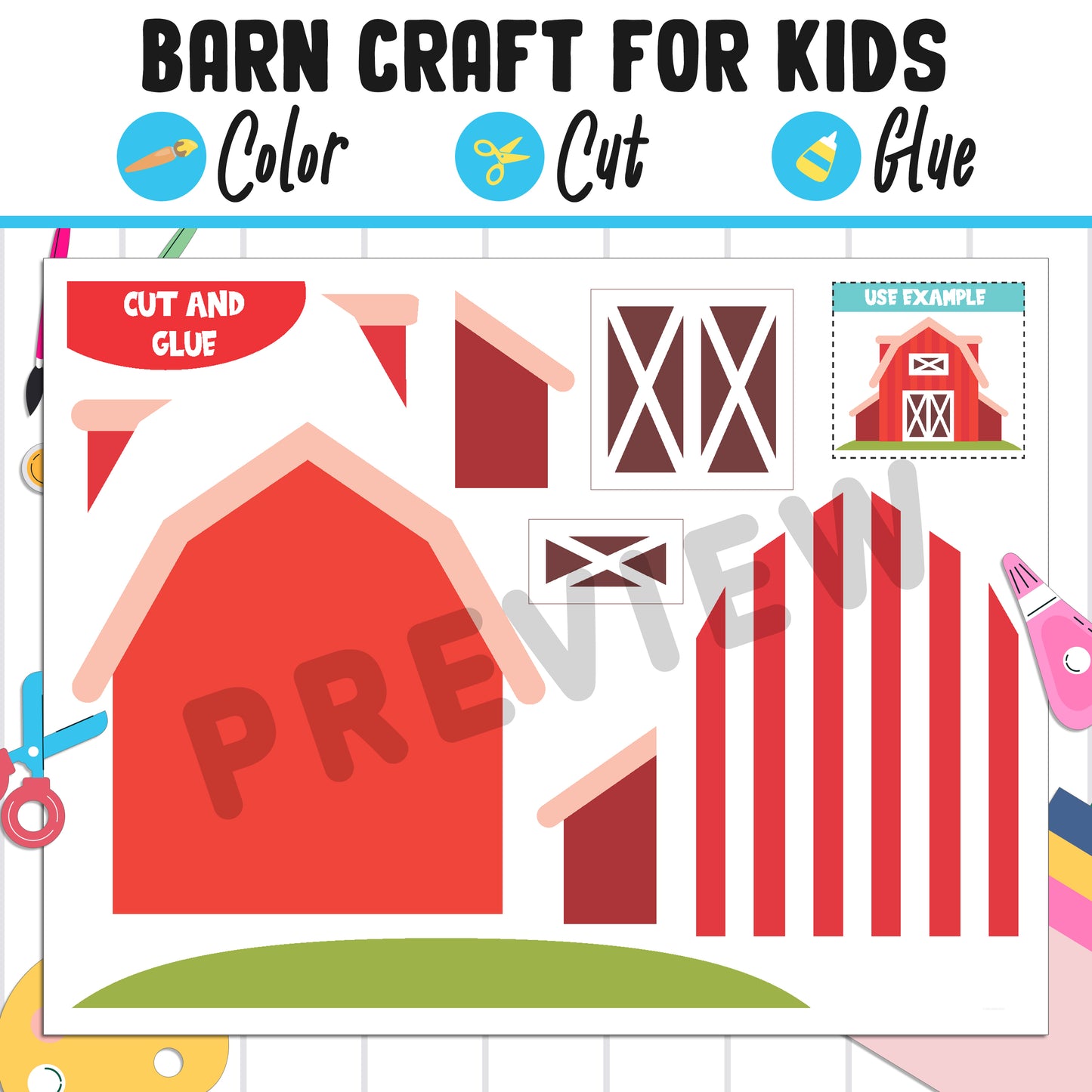 Barn Craft for Kids: Color, Cut, and Glue, a Fun Activity for Pre K to 2nd Grade, PDF Instant Download