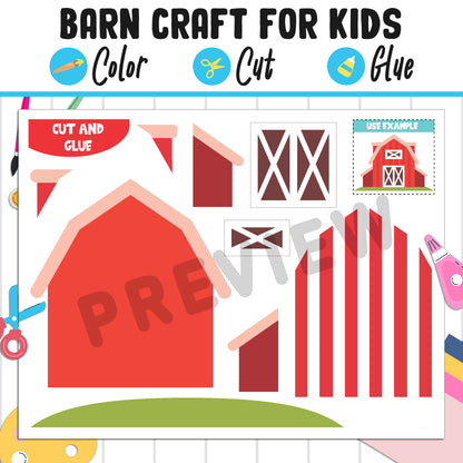 Barn Craft for Kids: Color, Cut, and Glue, a Fun Activity for Pre K to 2nd Grade, PDF Instant Download