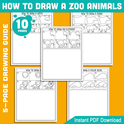 Step-by-Step Zoo Animal Drawing for Kids: 5 Pages of Fun with 5 Coloring Pages Featuring Polar Bear, Rhino, Hippo, Elephant, Lion, PDF File, Instant Download