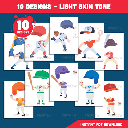 Baseball Player Body Templates, Add Your Own Face Craft for Kids, Baseball Photo Insert Activity, 20 Designs Light & Dark Skin Tone, Coloring Version Included