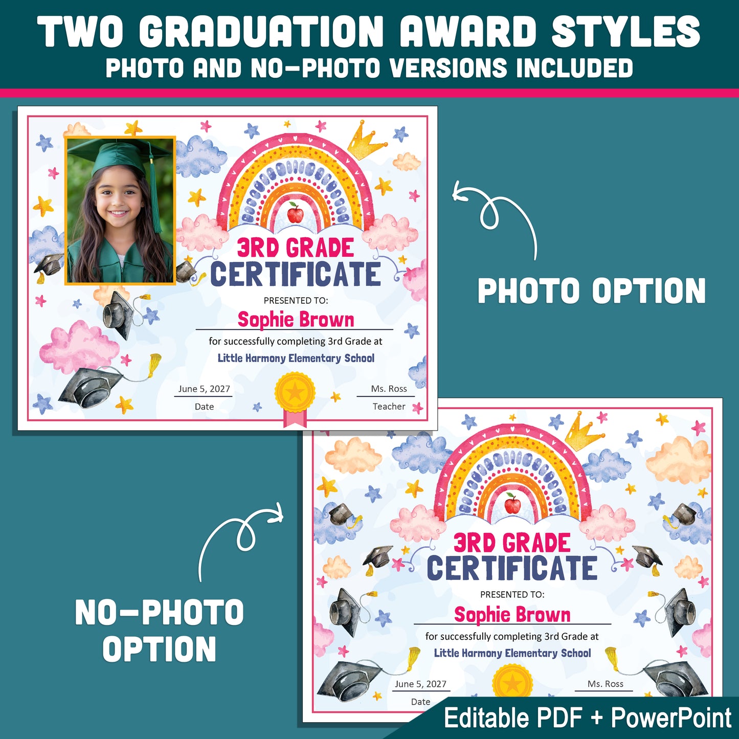 3rd Grade Completion Certificate, Third Grade Graduation Moving Up Awards, Editable Rainbow Star Theme, Photo and No Photo, PDF and PowerPoint