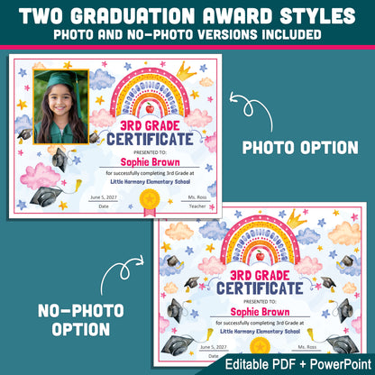 3rd Grade Completion Certificate, Third Grade Graduation Moving Up Awards, Editable Rainbow Star Theme, Photo and No Photo, PDF and PowerPoint