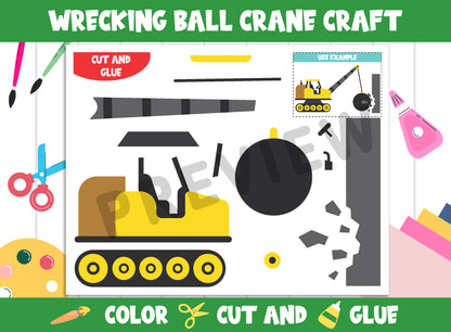 Yellow Wrecking Ball Crane Craft Activity - Color, Cut, and Glue for PreK to 2nd Grade, PDF File, Instant Download