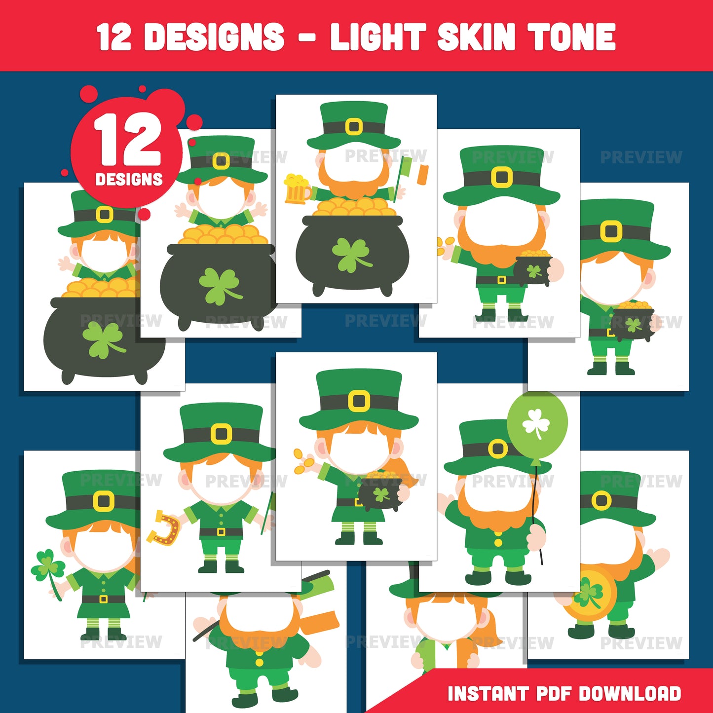 Leprechaun Body Templates for St. Patrick’s Day, Add Your Own Face Craft for Kids, Printable Body Clip Art, Coloring Version Included