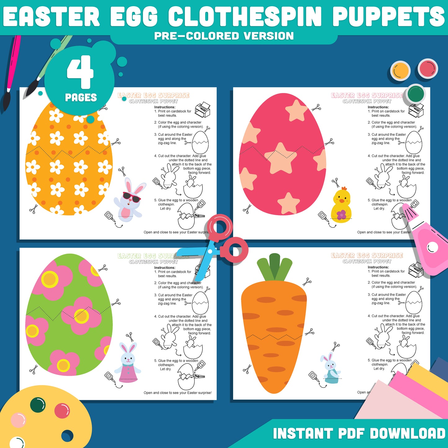 Easter Egg Clothespin Puppets Printable Craft, Spring Puppet Activity Templates, Easter Egg Surprise Color Cut Glue Craft, 4 Designs, Classroom or Home Use