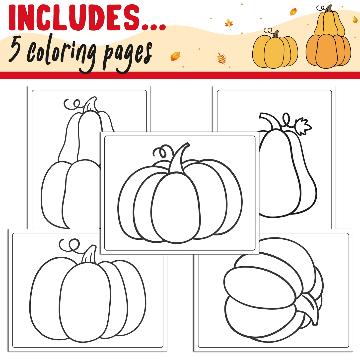 Learn How to Draw a Pumpkin: Directed Drawing Step by Step Tutorial, Includes 5 Coloring Pages, PDF File, Instant Download.