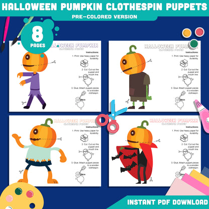 Halloween Pumpkin Clothespin Puppets: 8-Page Kids Printable Craft with 4 Designs, Pre-Colored and Black and White Options, Instant PDF Download