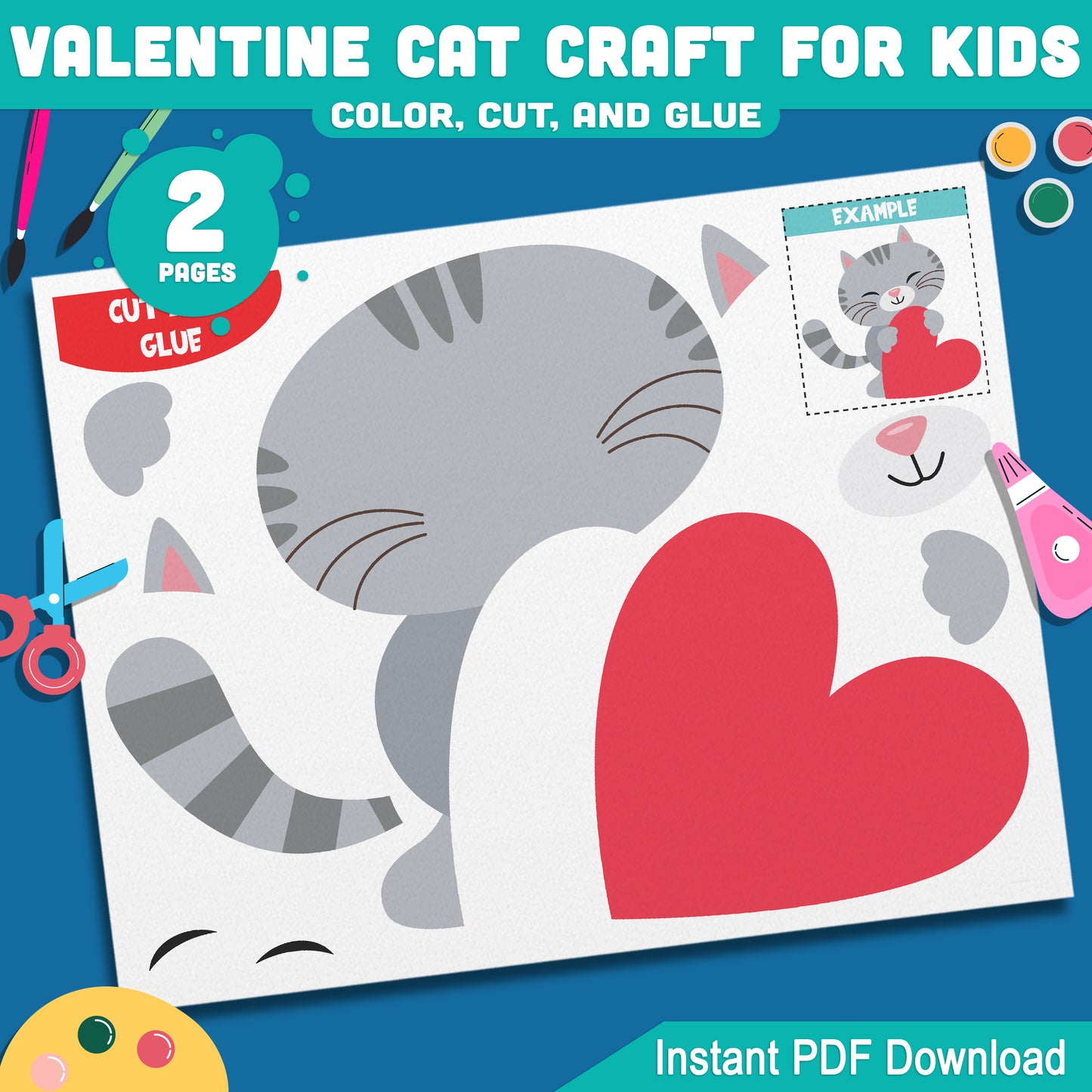 Valentine Cat Craft for Kids, Valentine Color Cut and Glue Activity, Adorable School Craft for Preschool, Pre-K, Kindergarten, 2 Pages