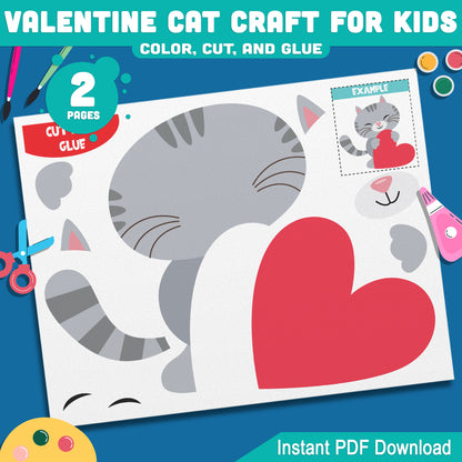 Valentine Cat Craft for Kids, Valentine Color Cut and Glue Activity, Adorable School Craft for Preschool, Pre-K, Kindergarten, 2 Pages