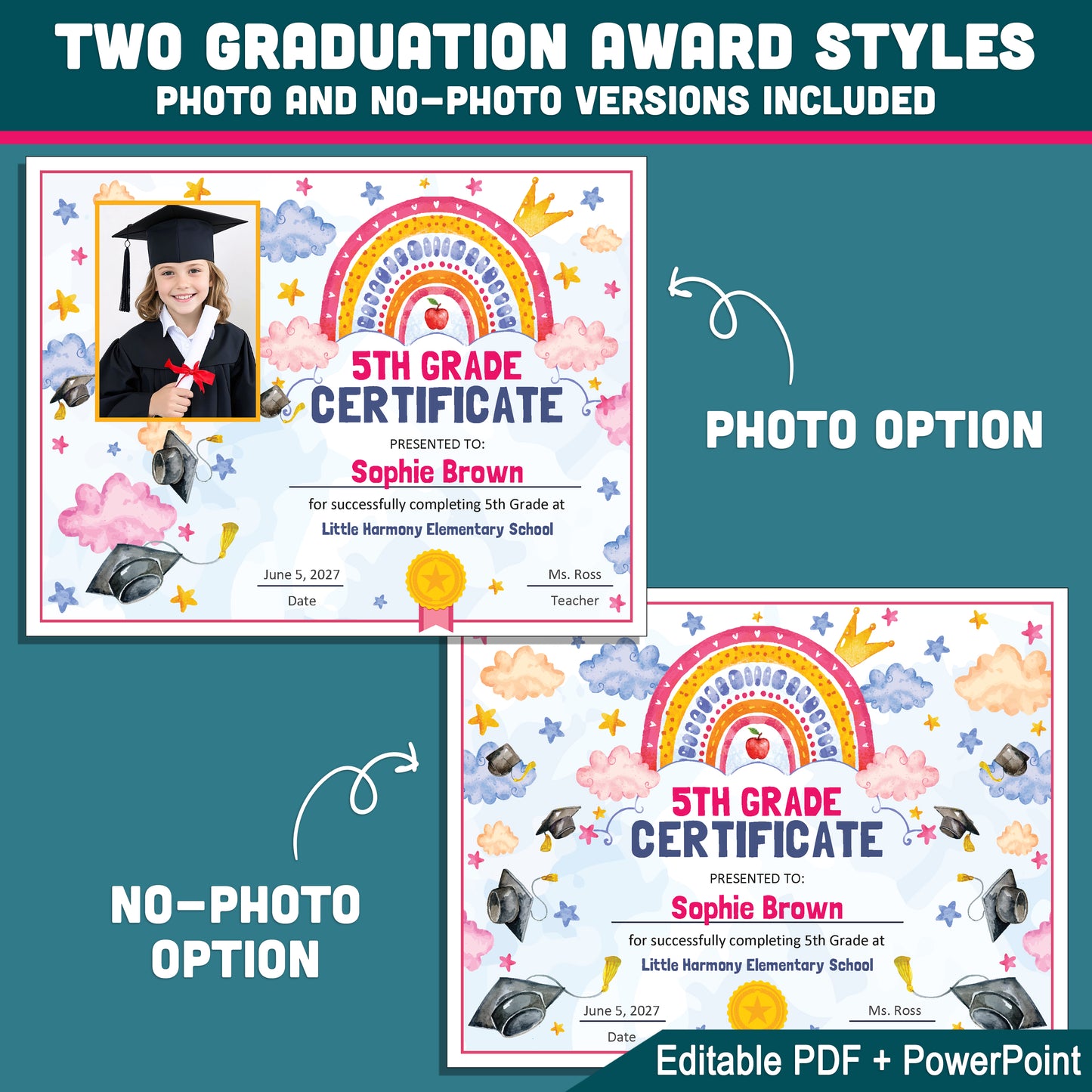 5th Grade Completion Certificate, Fifth Grade Graduation End of School Year Awards, Editable Rainbow Stars, Photo and No Photo, PDF and PowerPoint