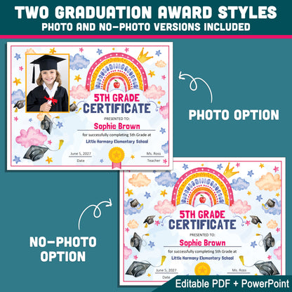 5th Grade Completion Certificate, Fifth Grade Graduation End of School Year Awards, Editable Rainbow Stars, Photo and No Photo, PDF and PowerPoint